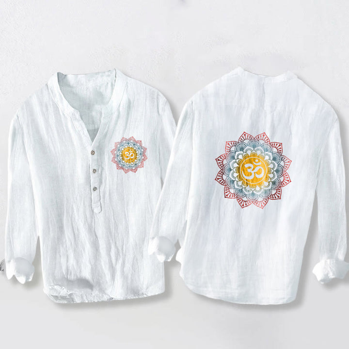 Camicia da uomo in cotone e lino a maniche lunghe con motivo a mandala, simbolo Om Buddha Stones - Bianco - US/UK/AU50, EU60 (5XL) - image 0