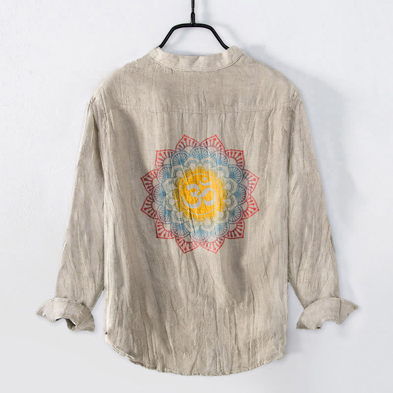 Camicia da uomo in cotone e lino a maniche lunghe con motivo a mandala, simbolo Om Buddha Stones - image 5