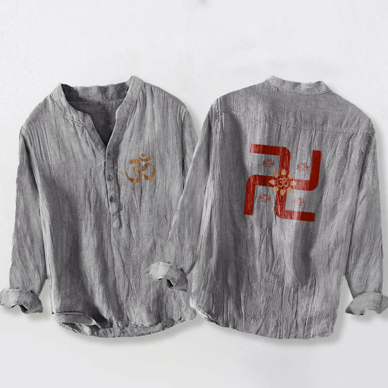 Camicia da uomo in cotone e lino a maniche lunghe con bottoni a mezzo bottone, motivo con simbolo Om e svastica e pietre Buddha Stones - Grigio - US/UK/AU50, EU60 (5XL) - image 3