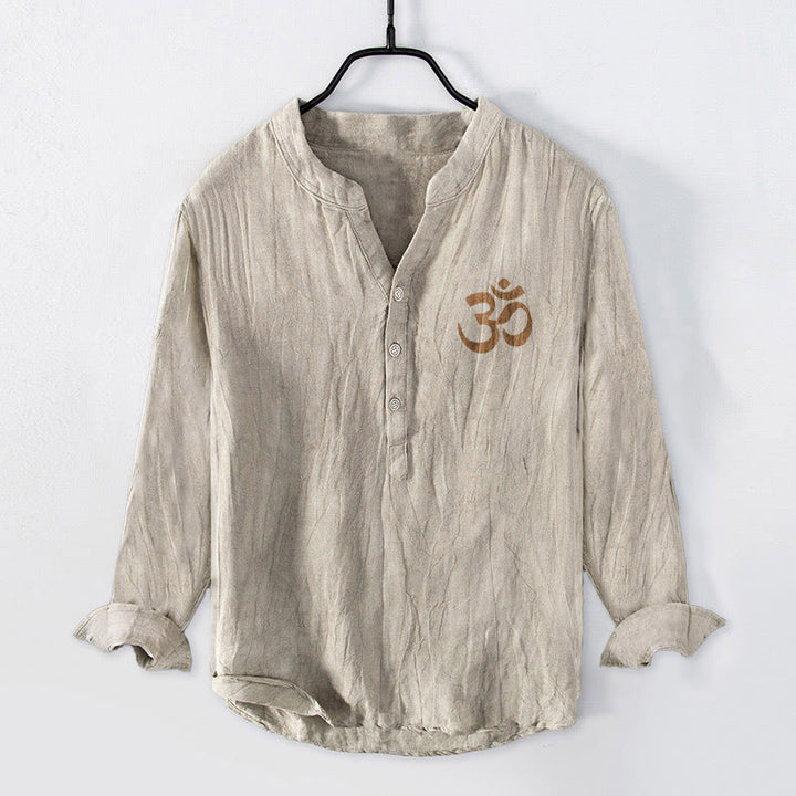 Camicia da uomo in cotone e lino a maniche lunghe con bottoni a mezzo bottone, motivo con simbolo Om e svastica e pietre Buddha Stones - image 1