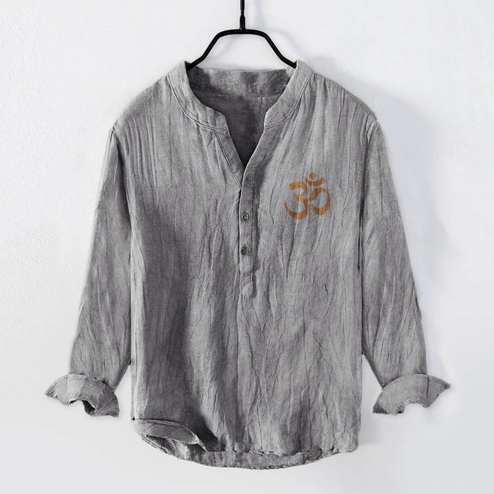 Camicia da uomo in cotone e lino a maniche lunghe con bottoni a mezzo bottone, motivo con simbolo Om e svastica e pietre Buddha Stones - image 4