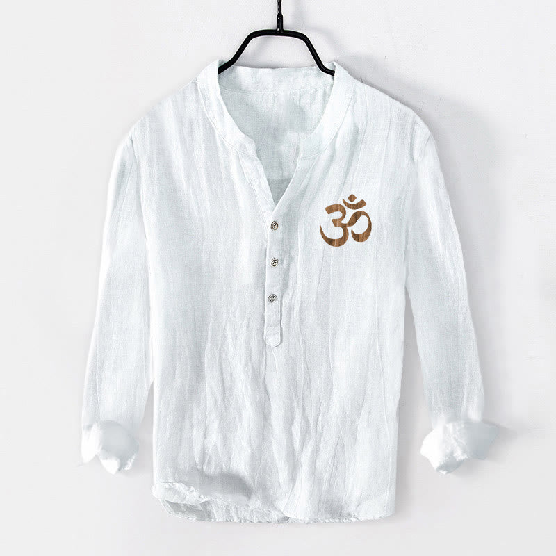 Camicia da uomo in cotone e lino a maniche lunghe con bottoni a mezzo bottone, motivo con simbolo Om e svastica e pietre Buddha Stones - image 7