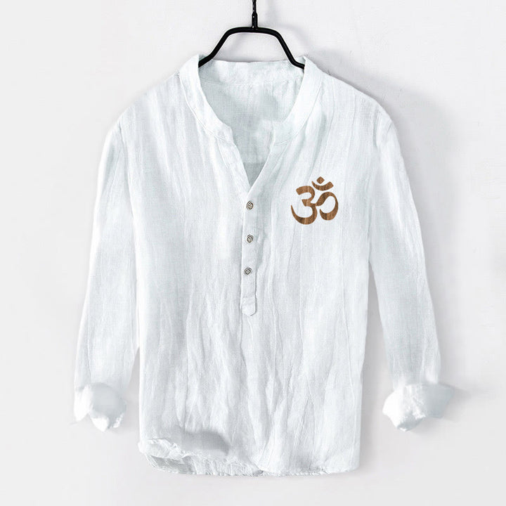 Camicia da uomo in cotone e lino a maniche lunghe con bottoni a mezzo bottone, motivo con simbolo Om e svastica e pietre Buddha Stones - image 7