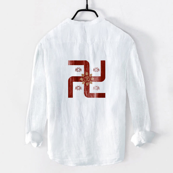 Camicia da uomo in cotone e lino a maniche lunghe con bottoni a mezzo bottone, motivo con simbolo Om e svastica e pietre Buddha Stones - image 8
