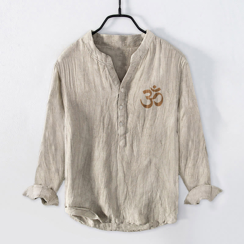 Camicia da uomo in cotone e lino a maniche lunghe con bottoni a mezzo bottone, motivo con simbolo Om e svastica e pietre Buddha Stones - image 1
