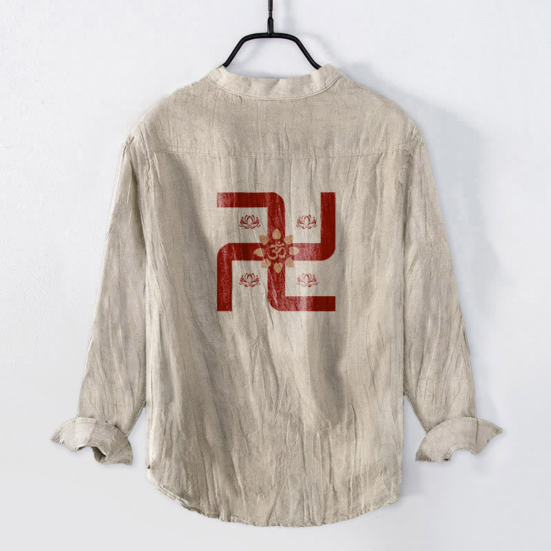 Camicia da uomo in cotone e lino a maniche lunghe con bottoni a mezzo bottone, motivo con simbolo Om e svastica e pietre Buddha Stones - image 2