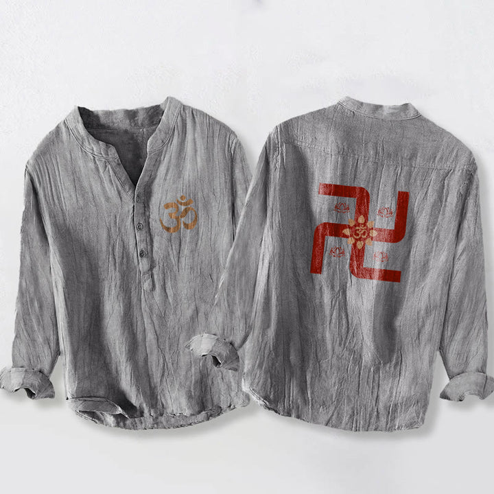 Camicia da uomo in cotone e lino a maniche lunghe con bottoni a mezzo bottone, motivo con simbolo Om e svastica e pietre Buddha Stones - Grigio - US/UK/AU50, EU60 (5XL) - image 3