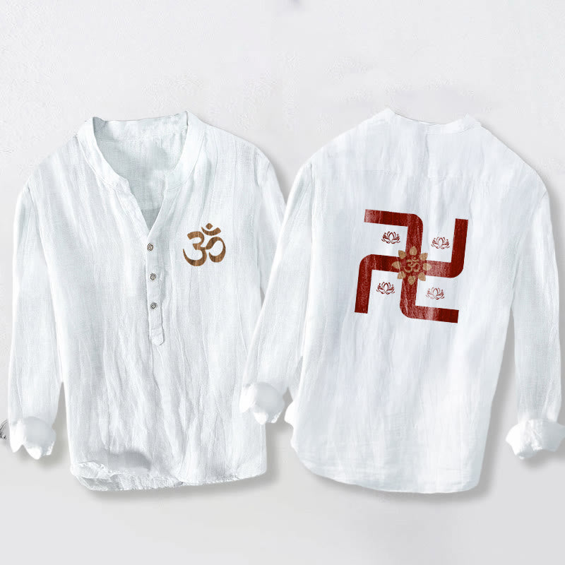 Camicia da uomo in cotone e lino a maniche lunghe con bottoni a mezzo bottone, motivo con simbolo Om e svastica e pietre Buddha Stones - Bianco - US/UK/AU50, EU60 (5XL) - image 6