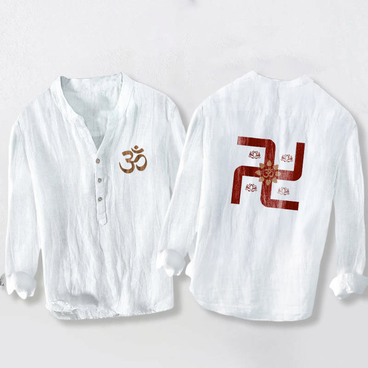 Camicia da uomo in cotone e lino a maniche lunghe con bottoni a mezzo bottone, motivo con simbolo Om e svastica e pietre Buddha Stones - Bianco - US/UK/AU50, EU60 (5XL) - image 6
