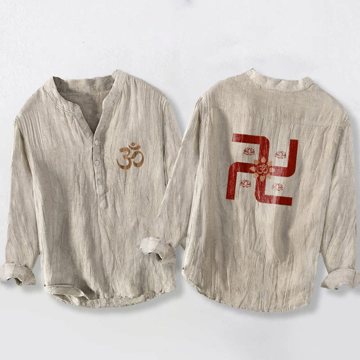Camicia da uomo in cotone e lino a maniche lunghe con bottoni a mezzo bottone, motivo con simbolo Om e svastica e pietre Buddha Stones - Biancheria - US/UK/AU50, EU60 (5XL) - image 0