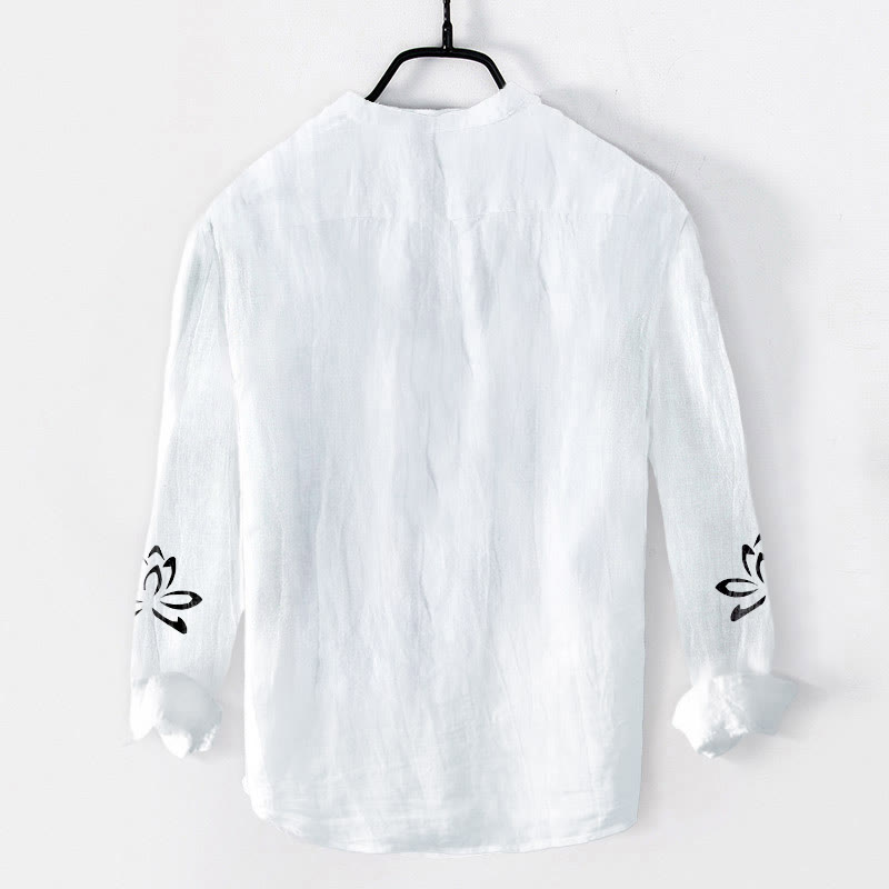 Camicia da uomo in cotone e lino a maniche lunghe con stampa del simbolo del loto Om e bottoni mezzi Buddha Stones - image 7