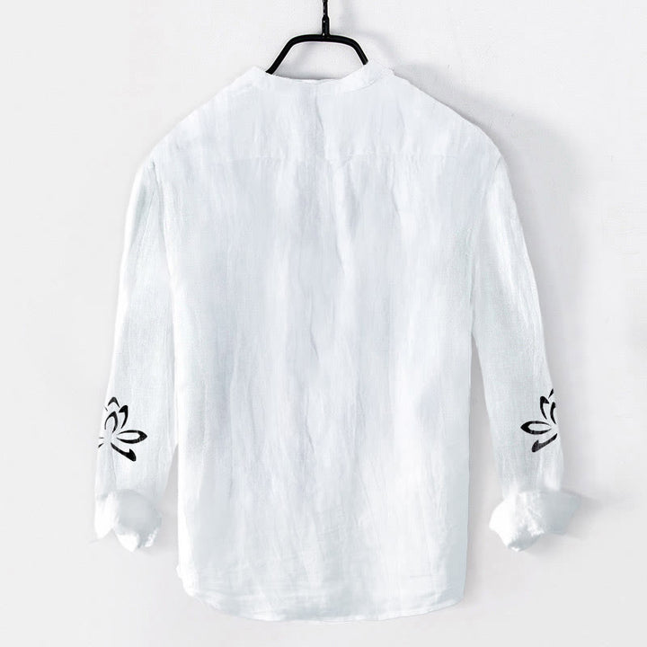 Camicia da uomo in cotone e lino a maniche lunghe con stampa del simbolo del loto Om e bottoni mezzi Buddha Stones - image 7