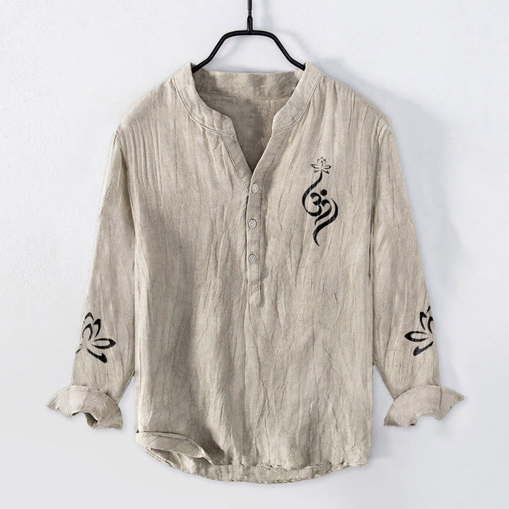 Camicia da uomo in cotone e lino a maniche lunghe con stampa del simbolo del loto Om e bottoni mezzi Buddha Stones - Biancheria - US/UK/AU50, EU60 (5XL) - image 3