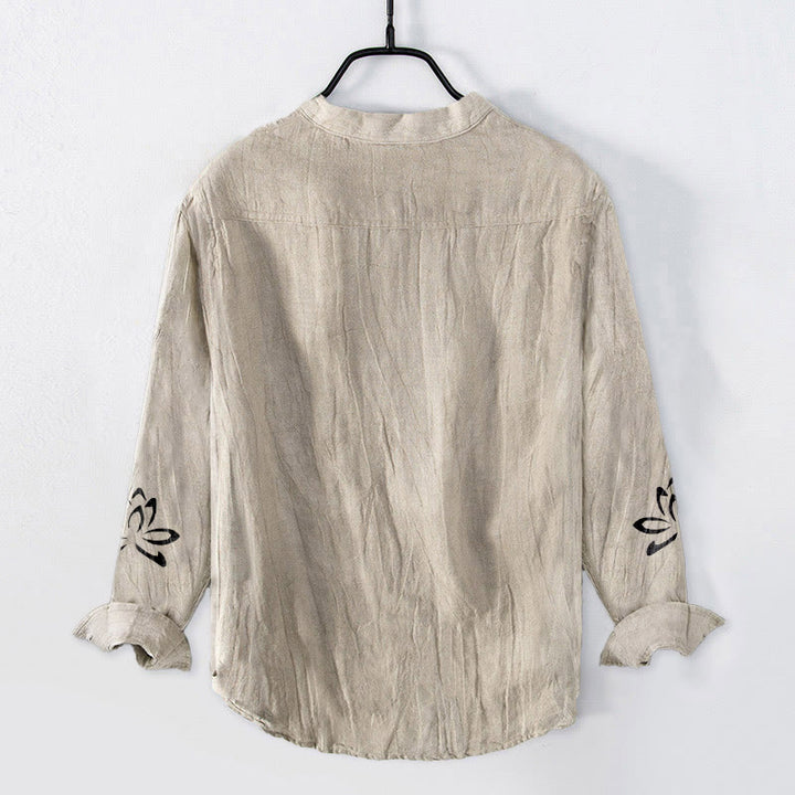 Camicia da uomo in cotone e lino a maniche lunghe con stampa del simbolo del loto Om e bottoni mezzi Buddha Stones - image 4