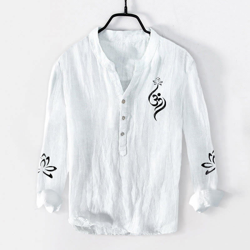 Camicia da uomo in cotone e lino a maniche lunghe con stampa del simbolo del loto Om e bottoni mezzi Buddha Stones - Bianco - US/UK/AU50, EU60 (5XL) - image 6