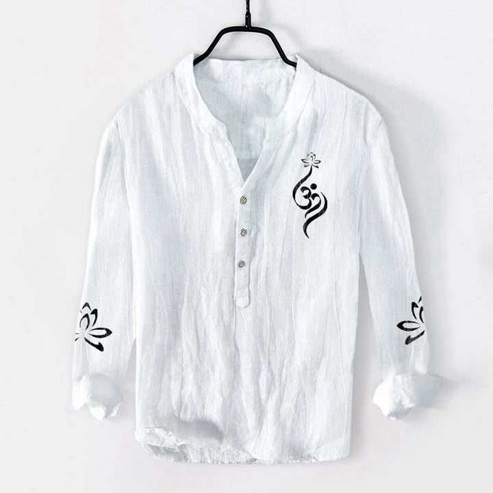 Camicia da uomo in cotone e lino a maniche lunghe con stampa del simbolo del loto Om e bottoni mezzi Buddha Stones - Bianco - US/UK/AU50, EU60 (5XL) - image 6