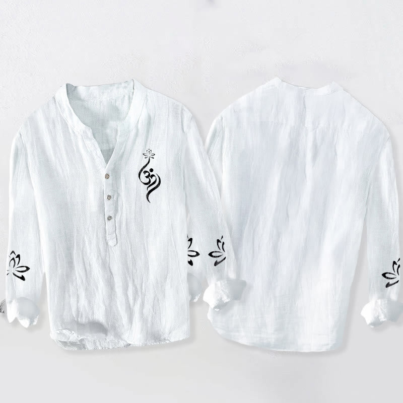 Camicia da uomo in cotone e lino a maniche lunghe con stampa del simbolo del loto Om e bottoni mezzi Buddha Stones - image 8