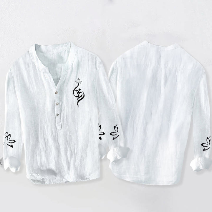 Camicia da uomo in cotone e lino a maniche lunghe con stampa del simbolo del loto Om e bottoni mezzi Buddha Stones - image 8