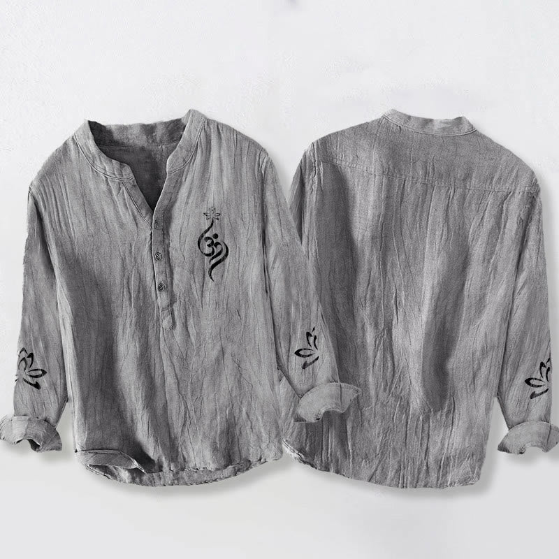 Camicia da uomo in cotone e lino a maniche lunghe con stampa del simbolo del loto Om e bottoni mezzi Buddha Stones - image 2