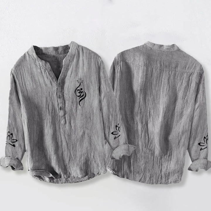 Camicia da uomo in cotone e lino a maniche lunghe con stampa del simbolo del loto Om e bottoni mezzi Buddha Stones - image 2