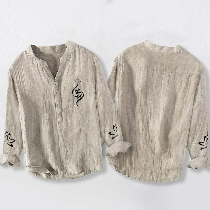 Camicia da uomo in cotone e lino a maniche lunghe con stampa del simbolo del loto Om e bottoni mezzi Buddha Stones - image 5