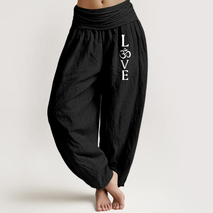 Pantaloni harem da donna in puro cotone con elastico in vita e motivo con simbolo Om Buddha Stones - Nero - US22, UK/AU26, EU54 (6XL) - image 5