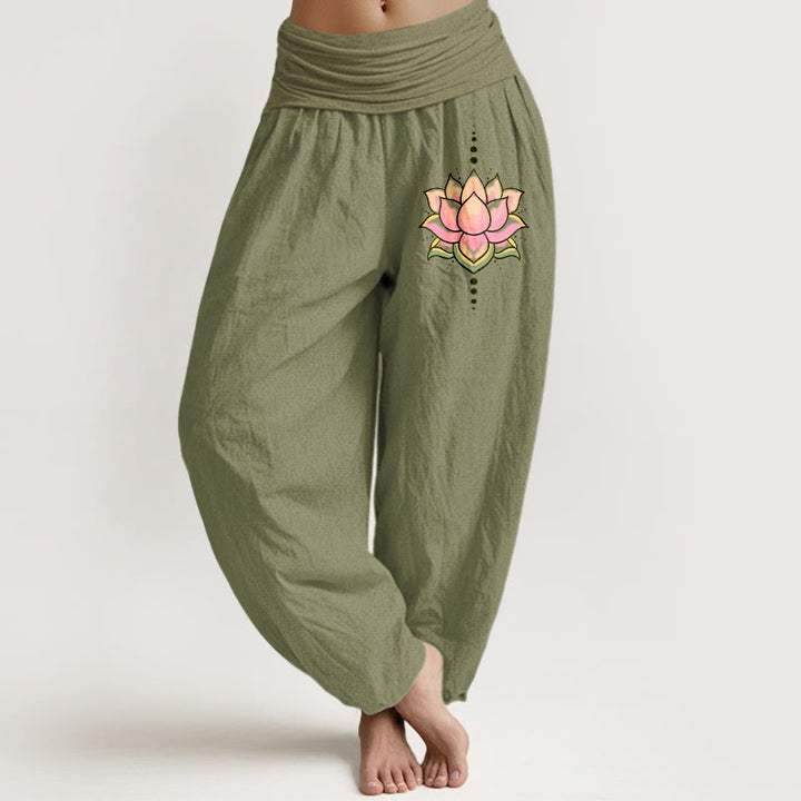 Pantaloni harem da donna con elastico in vita e motivo a fiori di loto rosa in puro cotone Buddha Stones - Verde oliva - US22, UK/AU26, EU54 (6XL) - image 14