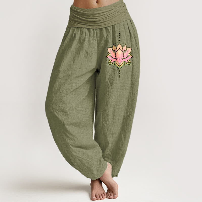 Pantaloni harem da donna con elastico in vita e motivo a fiori di loto rosa in puro cotone Buddha Stones - Verde oliva - US22, UK/AU26, EU54 (6XL) - image 14