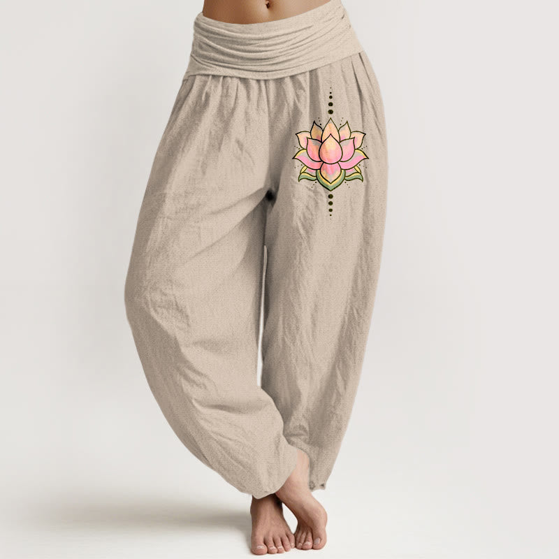 Pantaloni harem da donna con elastico in vita e motivo a fiori di loto rosa in puro cotone Buddha Stones - Tan - US22, UK/AU26, EU54 (6XL) - image 0