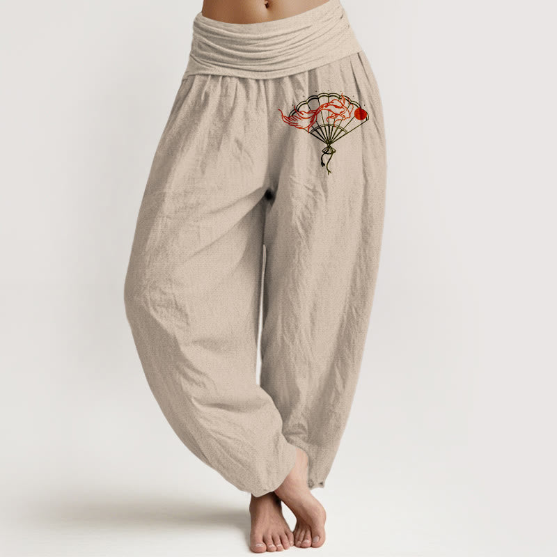 Pantaloni harem da donna in puro cotone con elastico in vita e motivo a ventaglio Buddha Stones e pesci rossi - Abbronzatura - US22, UK/AU26, EU54 (6XL) - image 14