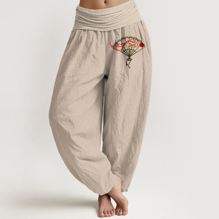 Pantaloni harem da donna in puro cotone con elastico in vita e motivo a ventaglio Buddha Stones e pesci rossi - Abbronzatura - US22, UK/AU26, EU54 (6XL) - image 14