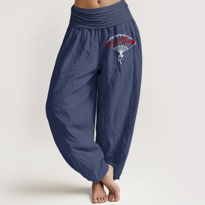 Pantaloni harem da donna in puro cotone con elastico in vita e motivo a ventaglio Buddha Stones e pesci rossi - DarkSlateBlue - US22, UK/AU26, EU54 (6XL) - image 8