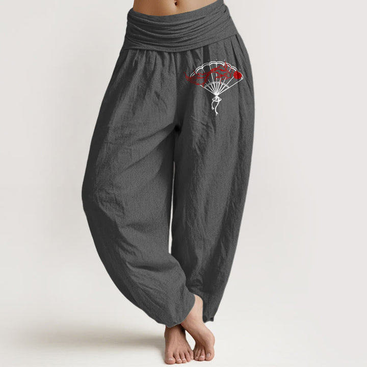 Pantaloni harem da donna in puro cotone con elastico in vita e motivo a ventaglio Buddha Stones e pesci rossi - Grigio scuro - US22, UK/AU26, EU54 (6XL) - image 11