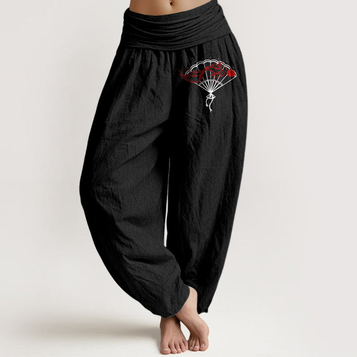 Pantaloni harem da donna in puro cotone con elastico in vita e motivo a ventaglio Buddha Stones e pesci rossi - Nero - US22, UK/AU26, EU54 (6XL) - image 5