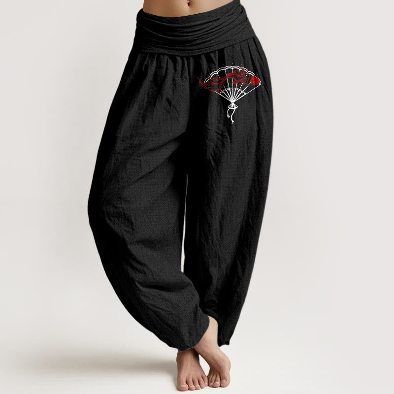 Pantaloni harem da donna in puro cotone con elastico in vita e motivo a ventaglio Buddha Stones e pesci rossi - Nero - US22, UK/AU26, EU54 (6XL) - image 5