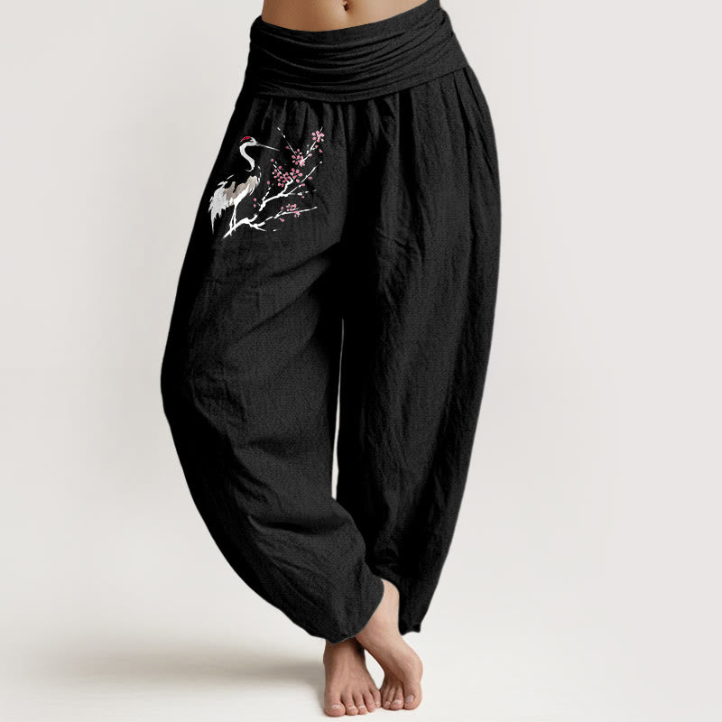 Pantaloni harem in puro cotone con elastico in vita e motivo a gru e rami in fiore, motivo Buddha Stones - Nero - US22, UK/AU26, EU54 (6XL) - image 5