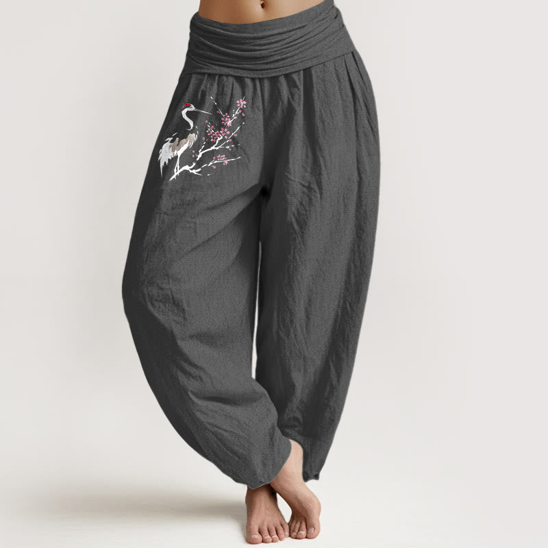 Pantaloni harem in puro cotone con elastico in vita e motivo a gru e rami in fiore, motivo Buddha Stones - Grigio scuro - US22, UK/AU26, EU54 (6XL) - image 8