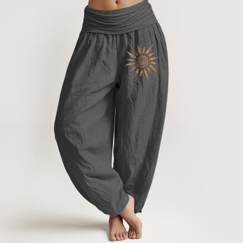 Pantaloni harem da donna in puro cotone con elastico in vita e motivo a sole e centro a spirale Buddha Stones - Grigio scuro - US22, UK/AU26, EU54 (6XL) - image 8
