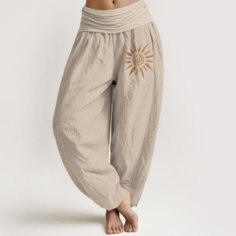 Pantaloni harem da donna in puro cotone con elastico in vita e motivo a sole e centro a spirale Buddha Stones - Tan - US22, UK/AU26, EU54 (6XL) - image 11
