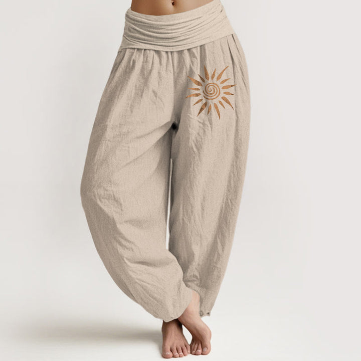 Pantaloni harem da donna in puro cotone con elastico in vita e motivo a sole e centro a spirale Buddha Stones - Abbronzatura - US22, UK/AU26, EU54 (6XL) - image 11