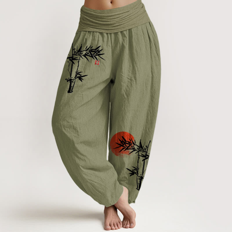 Pantaloni harem da donna in puro cotone con elastico in vita, motivo sole rosso, motivo Buddha Stones - Verde oliva - US22, UK/AU26, EU54 (6XL) - image 0