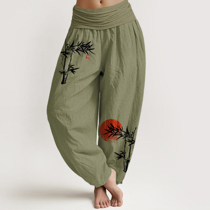 Pantaloni harem da donna in puro cotone con elastico in vita, motivo sole rosso, motivo Buddha Stones - Verde oliva - US22, UK/AU26, EU54 (6XL) - image 0