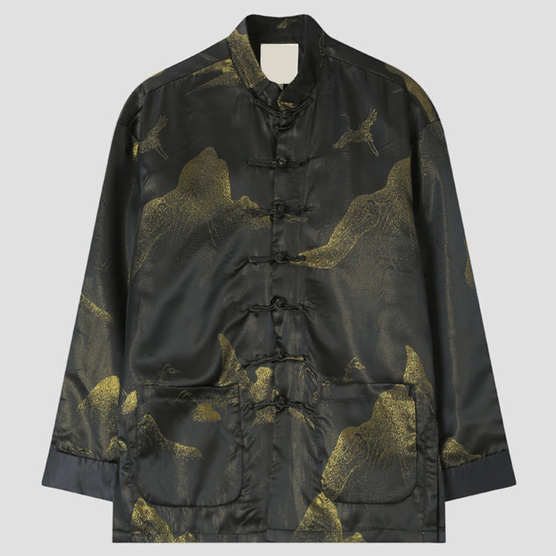 Giacca da uomo a maniche lunghe con bottoni a forma di rana, tinta in oro Buddha Stones e tasche - Nero - US/UK/AU44, EU54 (4XL) - image 0