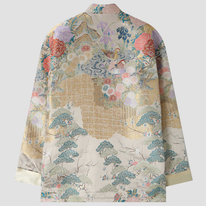Giacca da uomo a maniche lunghe con bottoni a rana, motivo : Buddha Stones Mandarin Duck Peony Flower e tasche - image 1