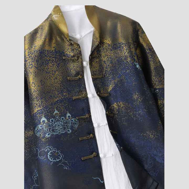 Giacca da uomo a maniche lunghe con bottoni a rana, tasche e motivo Buddha Stones Golden Desert Blue Flowers - image 3