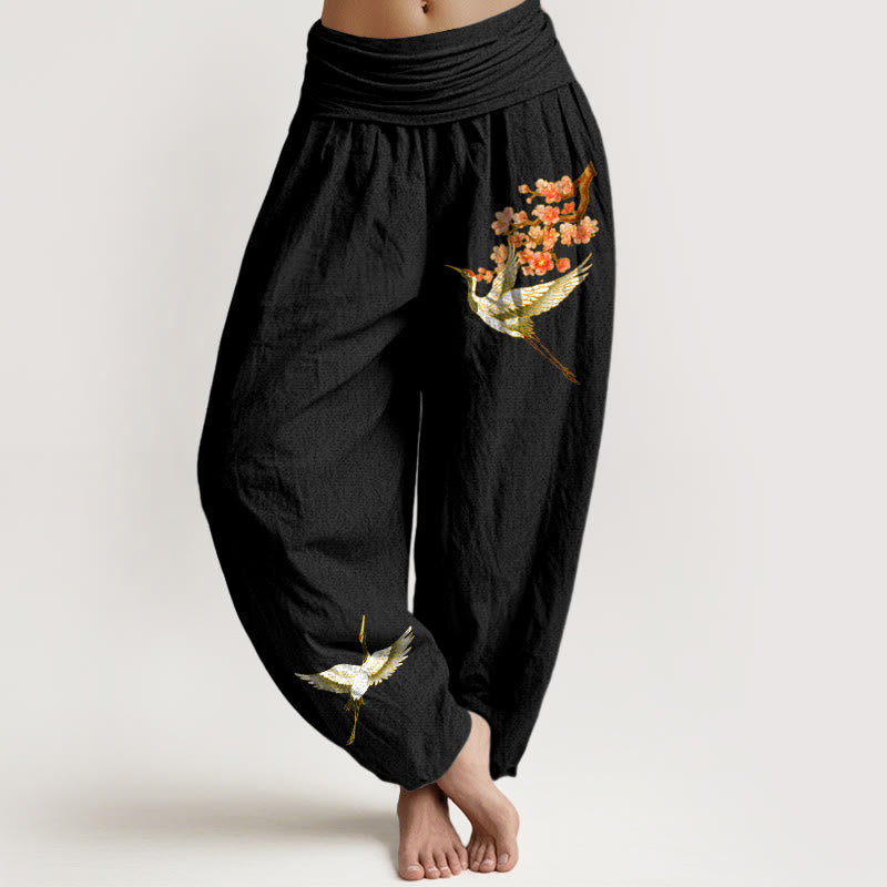 Pantaloni harem da donna in puro cotone con elastico in vita e motivo a gru e fiori di pesco, motivo Buddha Stones - Nero - US22, UK/AU26, EU54 (6XL) - image 0