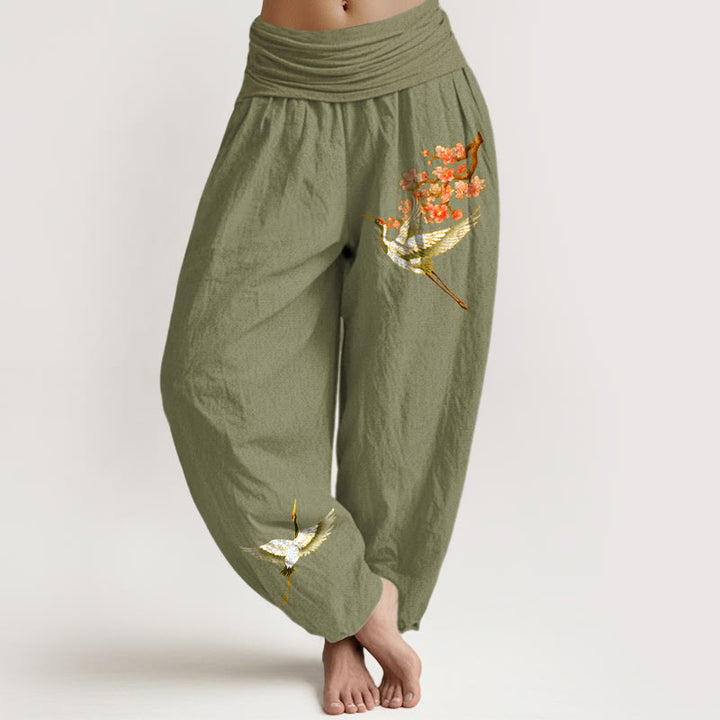 Pantaloni harem da donna in puro cotone con elastico in vita e motivo a gru e fiori di pesco, motivo Buddha Stones - Verde oliva - US22, UK/AU26, EU54 (6XL) - image 14