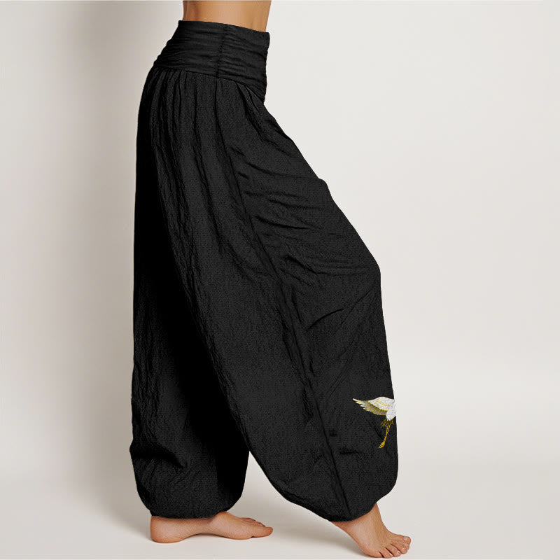 Pantaloni harem da donna in puro cotone con elastico in vita e motivo a gru e fiori di pesco, motivo Buddha Stones - image 1