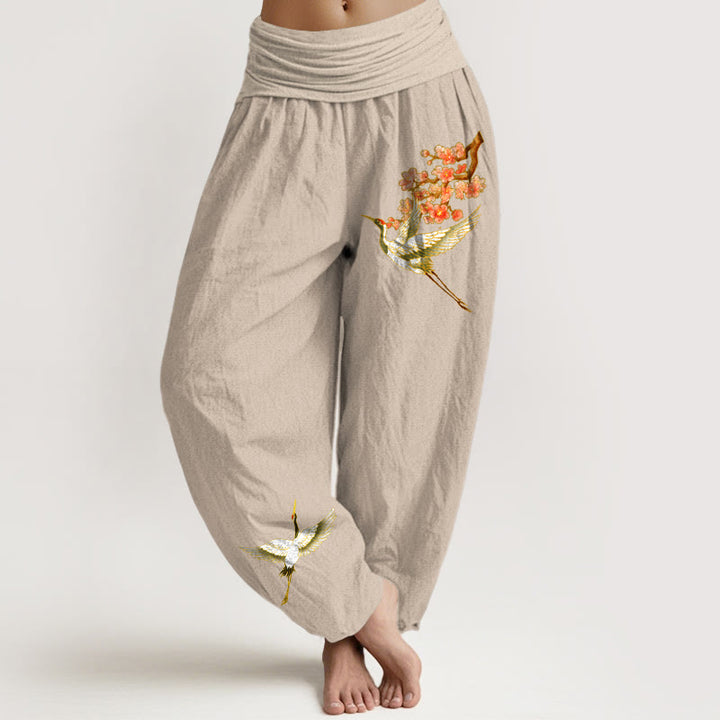 Pantaloni harem da donna in puro cotone con elastico in vita e motivo a gru e fiori di pesco, motivo Buddha Stones - Abbronzatura - US22, UK/AU26, EU54 (6XL) - image 11