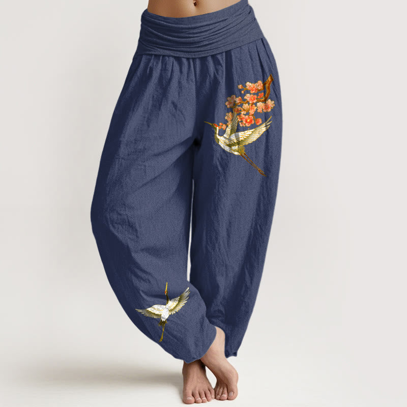 Pantaloni harem da donna in puro cotone con elastico in vita e motivo a gru e fiori di pesco, motivo Buddha Stones - DarkSlateBlue - US22, UK/AU26, EU54 (6XL) - image 5